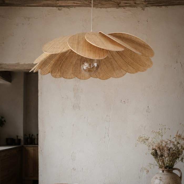 Suspension lustre fleur, 18 pétales en rotin et raphia