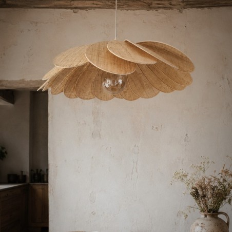 Suspension lustre fleur, 18 pétales en rotin et raphia
