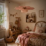 Suspension fleur Pâquerette, 12 pétales en rotin et lin vieux rose