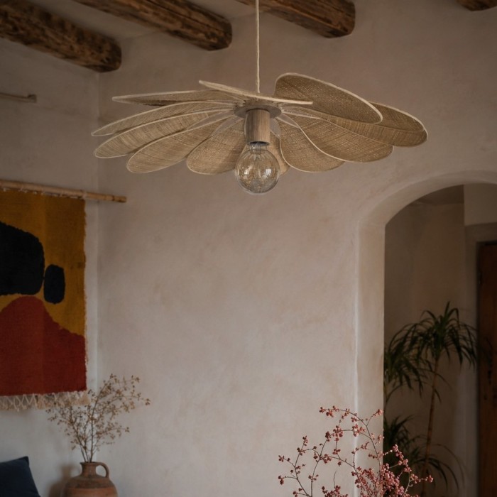 Suspension fleur, Pâquerette, 12 pétales en rotin et raphia