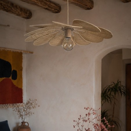 Suspension fleur, Pâquerette, 12 pétales en rotin et raphia