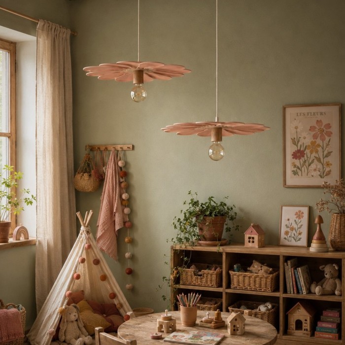 Suspension fleur, Pâquerette, 12 pétales en rotin et lin