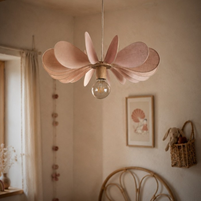 Suspension fleur Hélice, 18 pétales en rotin et lin