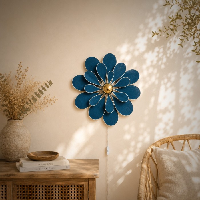 Applique murale fleur, Camélia, 16 pétales en rotin et lin