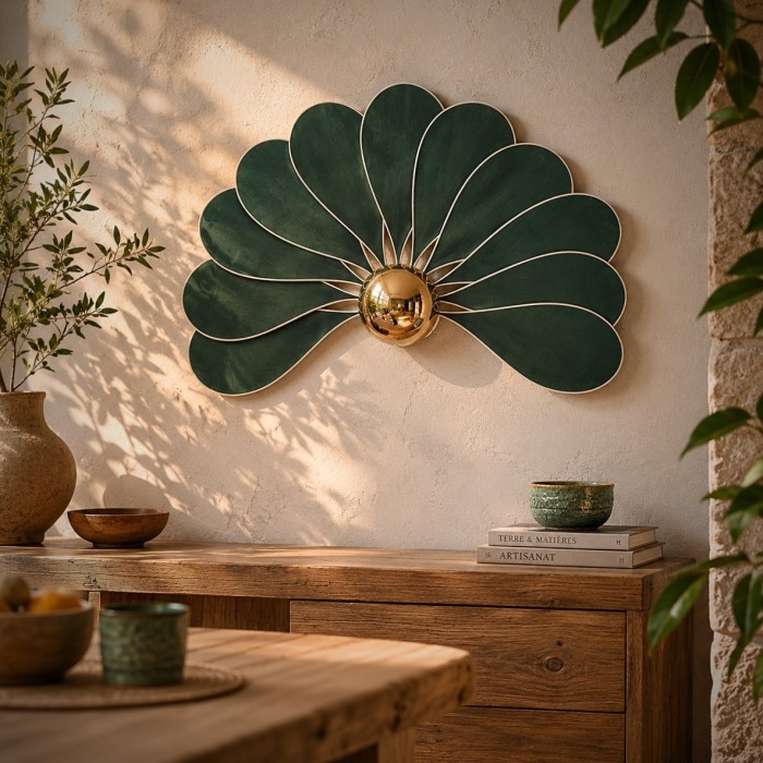 Applique murale fleur, modèle Paon, 11 pétales en rotin et lin vert sapin