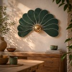 Applique murale fleur, modèle Paon, 11 pétales en rotin et lin vert sapin