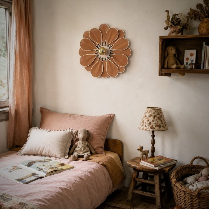 Applique murale fleur, modèle Tournesol, 16 pétales en rotin et lin rouille
