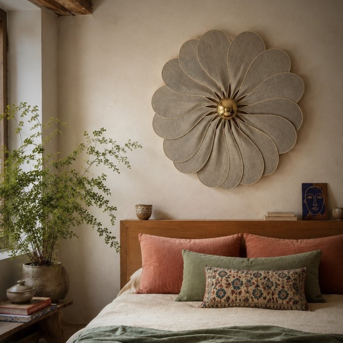Applique murale fleur, modèle Tournesol, 16 pétales en rotin et lin naturel