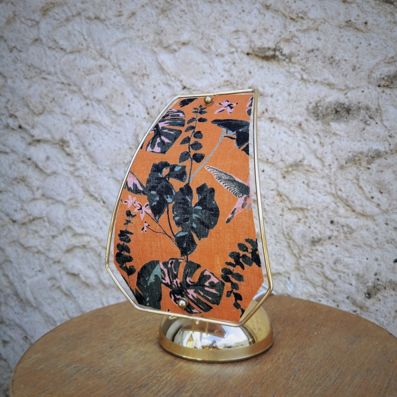 Lampe à poser, structure métal, 1 panneau en lin fleuri