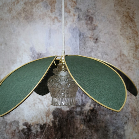 Suspension fleur 6 pétales lin vert sapin et globe vintage ciselé