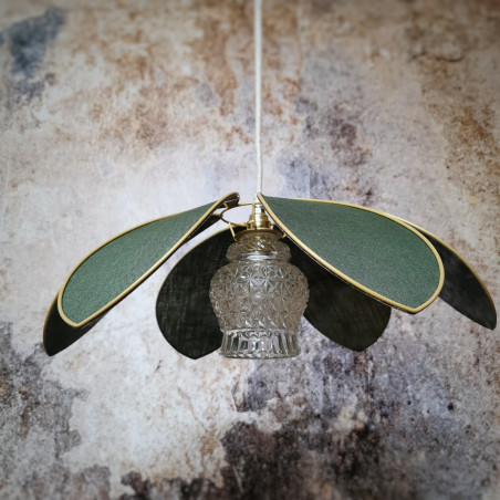 Suspension fleur 6 pétales lin vert sapin et globe vintage ciselé