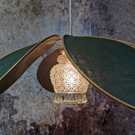 Suspension fleur 6 pétales lin vert sapin et globe vintage ciselé