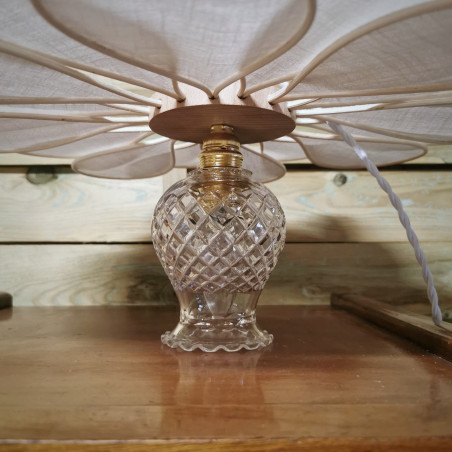 Baladeuse fleur 16 pétales lin et rotin et globe vintage en verre