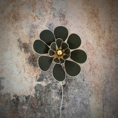 Applique murale fleur en rotin et lin vert sapin