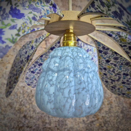 Suspension fleur vent de pétales, imprimé Eté en Bleu, globe vintage en verre de Clichy