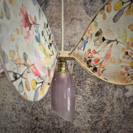 Suspension hélice, 12 pales en rotin et tissu fleuri, Globe vintage asymétrique