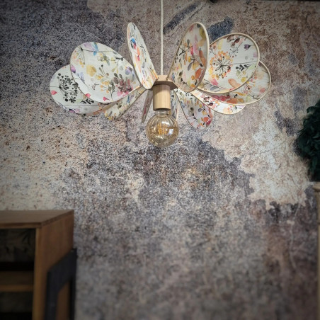 Suspension Hélice, 12 pales en rotin et tissu fleuri