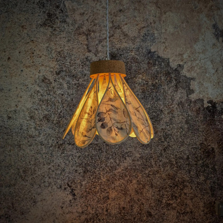 Suspension, baladeuse Nénuphar, 16 pétales en rotin et tissu fleuri bleu et vert pastel