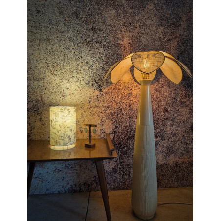 Lampe d'ambiance, pied chiné et abat-jour Lotus 6 pétales tissu fleuri