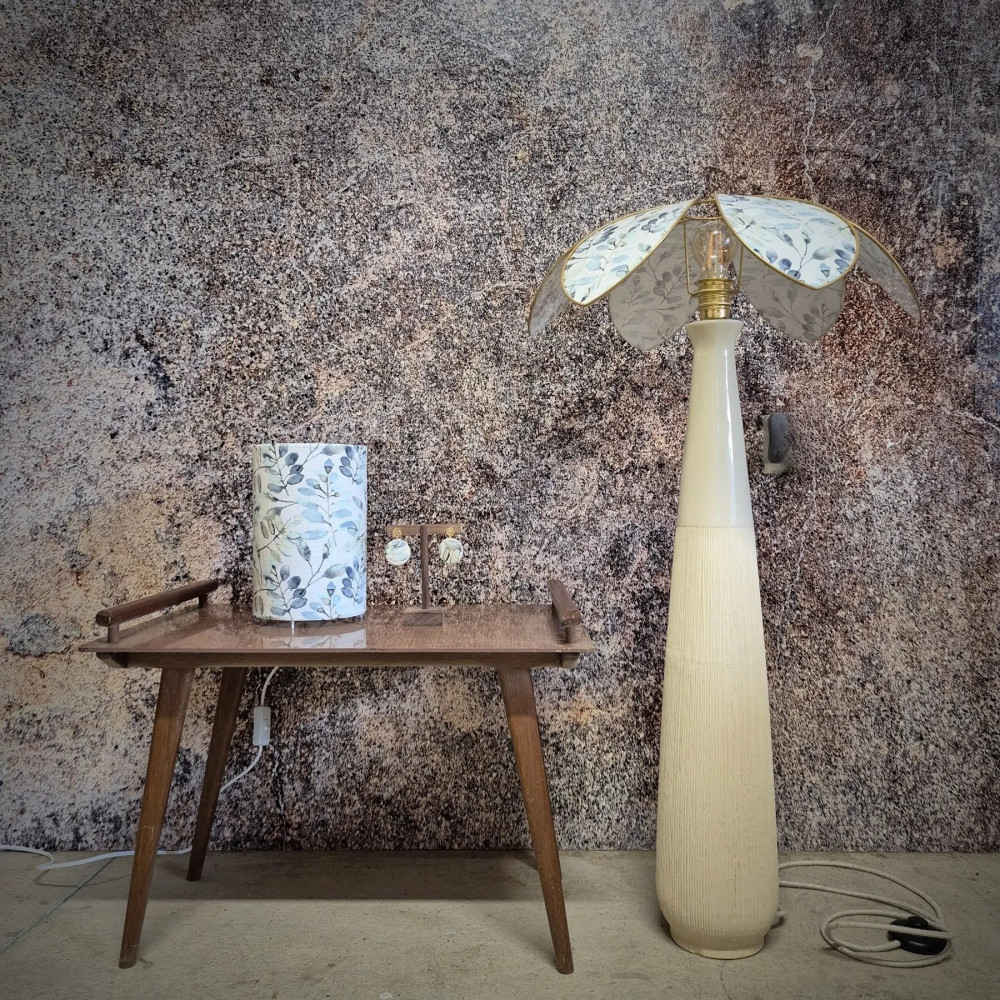 Lampe d'ambiance, pied chiné et abat-jour Lotus 6 pétales tissu fleuri