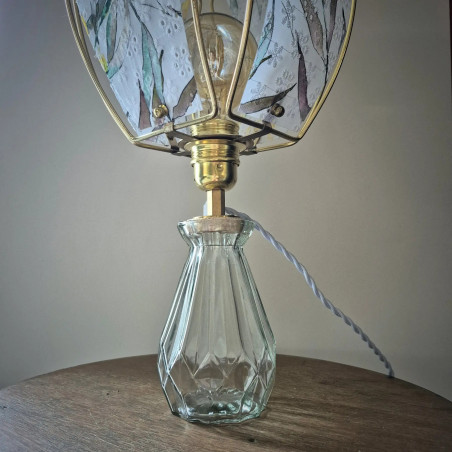 Lampe à poser, pied en verre et abat-jour fleurs et oiseaux