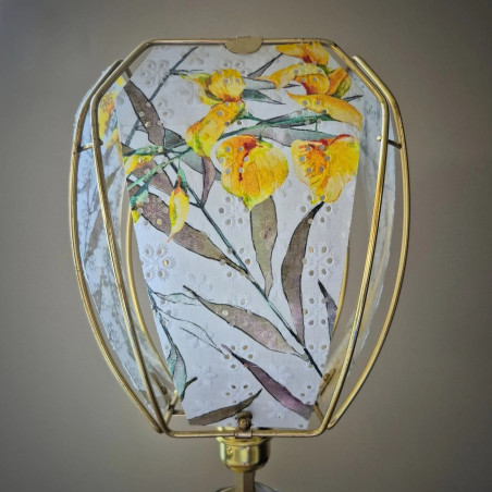 Lampe à poser, pied en verre et abat-jour fleurs et oiseaux