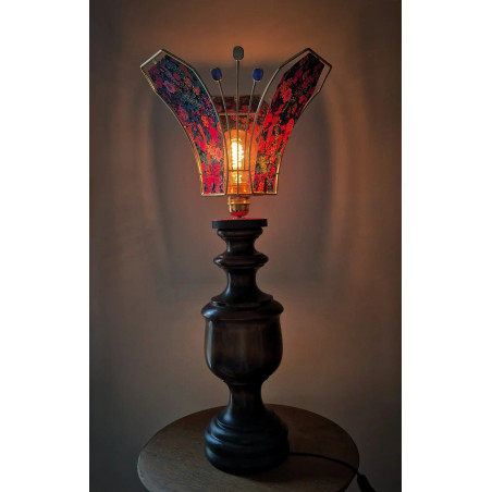 Lampe à poser, pied en bois tourné, abat-jour Liberty