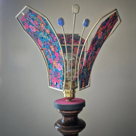 Lampe à poser, pied en bois tourné, abat-jour Liberty