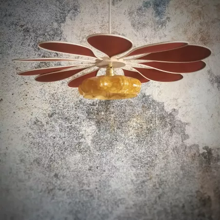 Suspension fleur, 12 pétales en rotin et lin terracotta et globe vintage