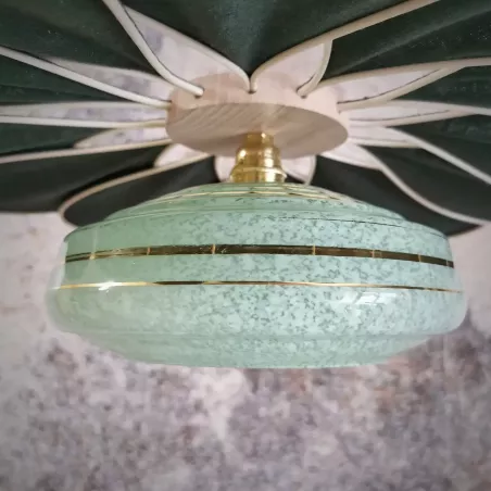 Suspension fleur Pâquerette, 12 pétales en rotin et lin vert sapin et globe vintage en verre de Clichy vert