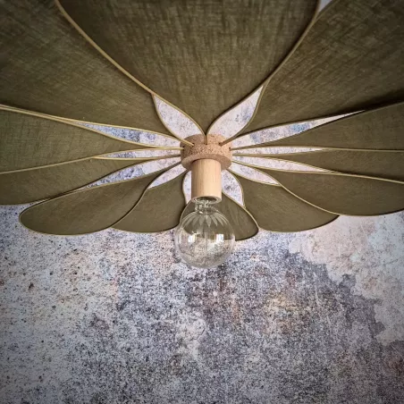 Suspension fleur, Orphéa, 12 pétales en métal et lin vert mousse