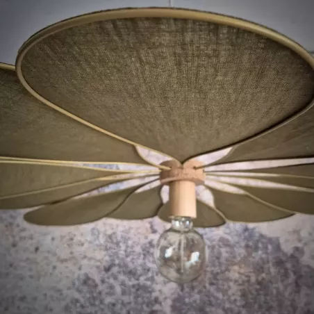 Suspension fleur, Orphéa, 12 pétales en métal et lin vert mousse