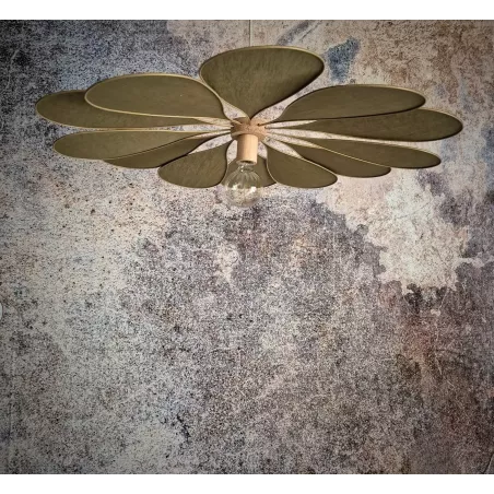 Suspension fleur, Orphéa, 12 pétales en métal et lin vert mousse