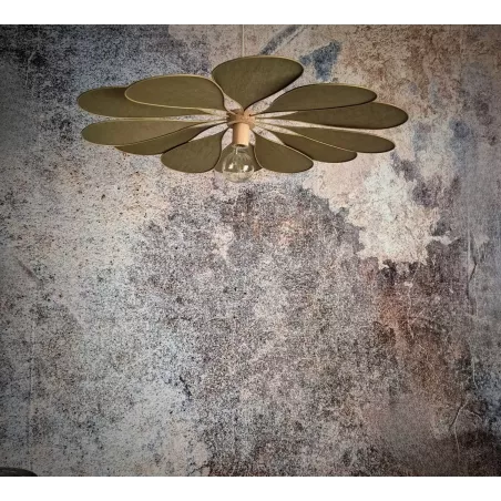 Suspension fleur, Orphéa, 12 pétales en métal et lin vert mousse