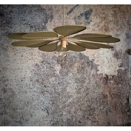 Suspension fleur, Orphéa, 12 pétales en métal et lin vert mousse