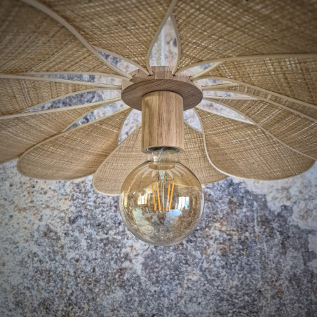 Suspension fleur, modèle Pâquerette, 12 pétales en rotin et raphia pour une déco bohème, naturelle et fleurie