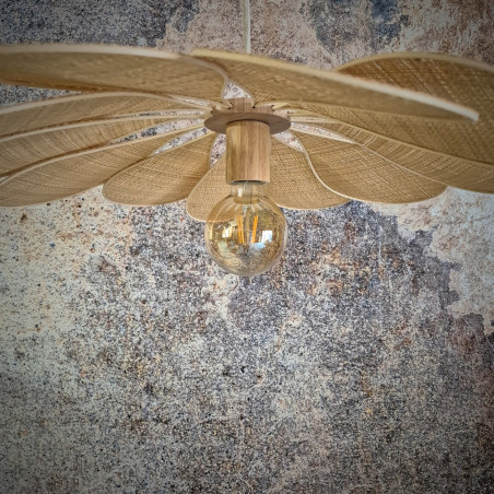 Suspension fleur, modèle Pâquerette, 12 pétales en rotin et raphia pour une déco bohème, naturelle et fleurie