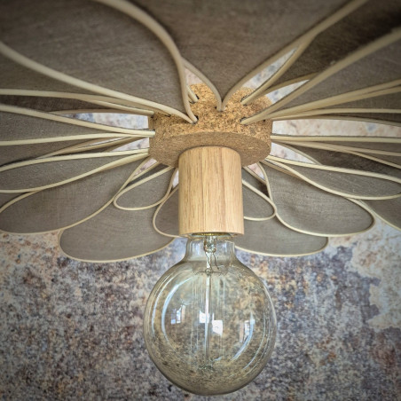 Suspension fleur, modèle Marguerite, 24 pétales en rotin et lin naturel pour une déco bohème, naturelle et fleurie