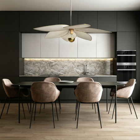 Suspension fleur XXL, modèle Frida, 6 pétales, structure en métal doré et lin blanc, pour une déco fleurie et bohème