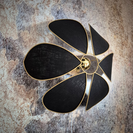 Applique murale fleur, modèle Lotus, structure métal, 6 pétales en lin noir, pour une déco chic et fleurie