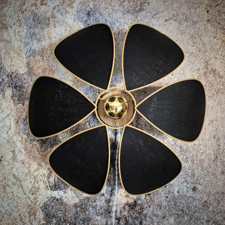 Applique murale fleur, modèle Lotus, structure métal, 6 pétales en lin noir, pour une déco chic et fleurie