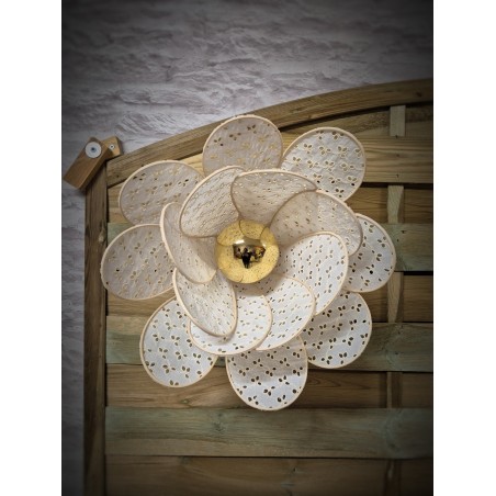 Applique, déco murale fleur 16 pétales lin et rotin