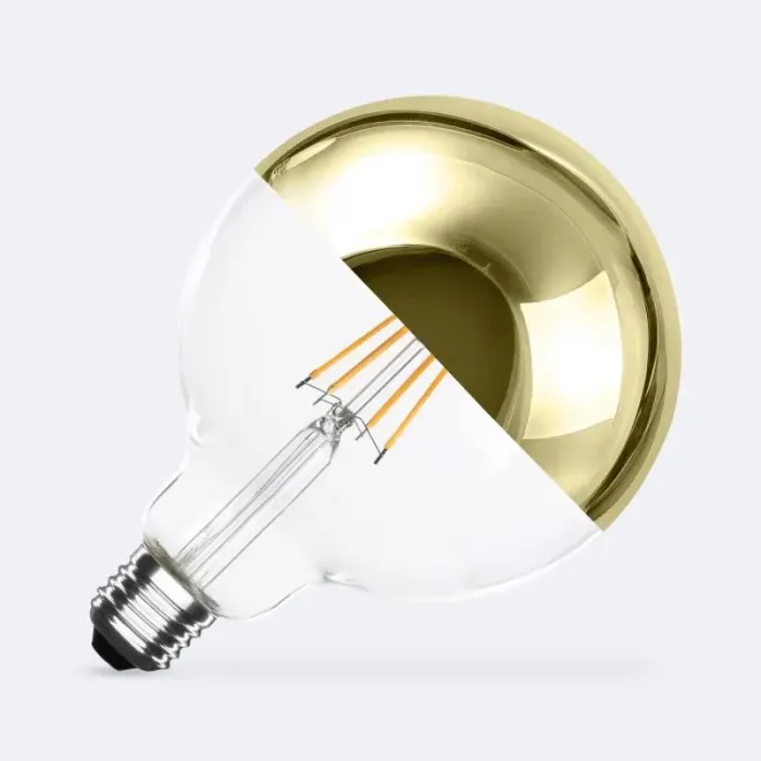 Ampoule LED Gold Reflect format moyen, verre miroir doré et filament ambré, lumière douce 2200K, culot E27, 6W, 95mm x 143mm