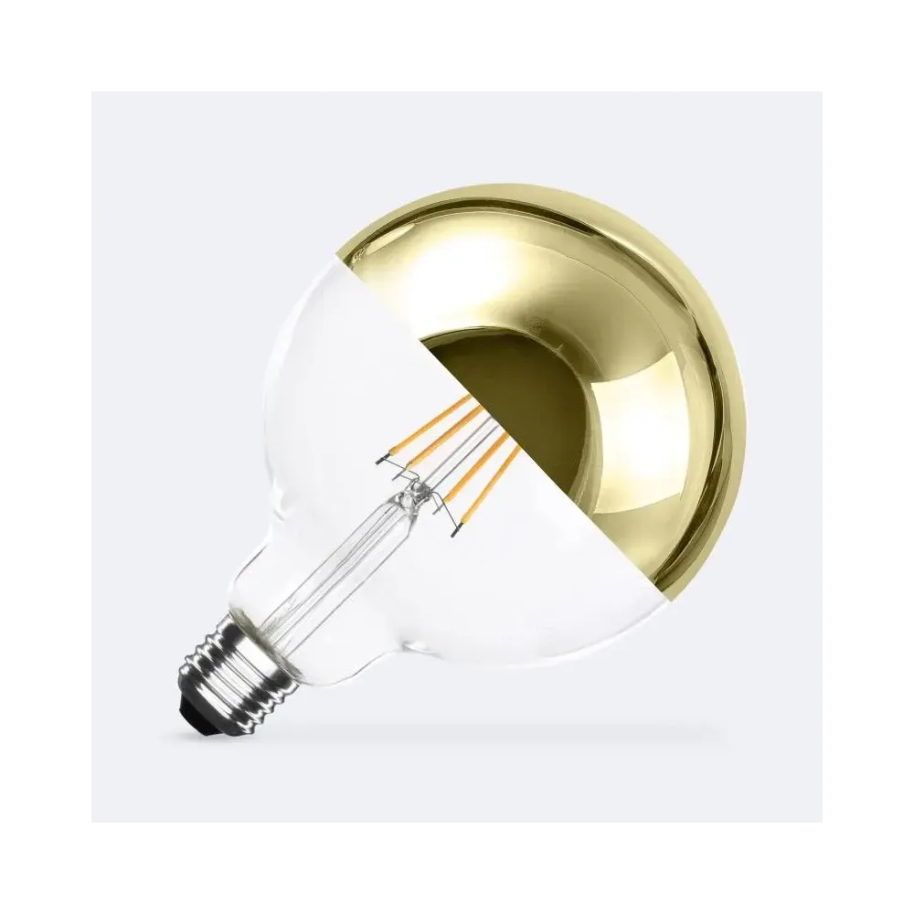Ampoule LED Gold Reflect format moyen, verre miroir doré et filament ambré, lumière douce 2200K, culot E27, 6W, 95mm x 143mm