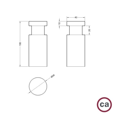 Plan technique patère passe-câble Rolé, 40 mm x 100 mm