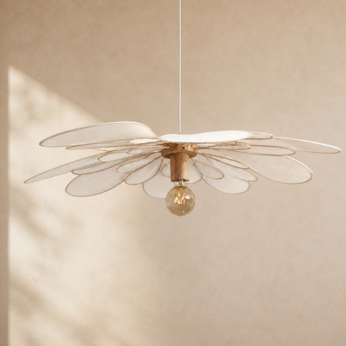 Suspension lustre fleur, Marguerite, La Classique, 24 pétales en rotin et lin blanc