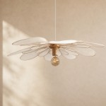 Suspension lustre fleur, Marguerite, La Classique, 24 pétales en rotin et lin blanc