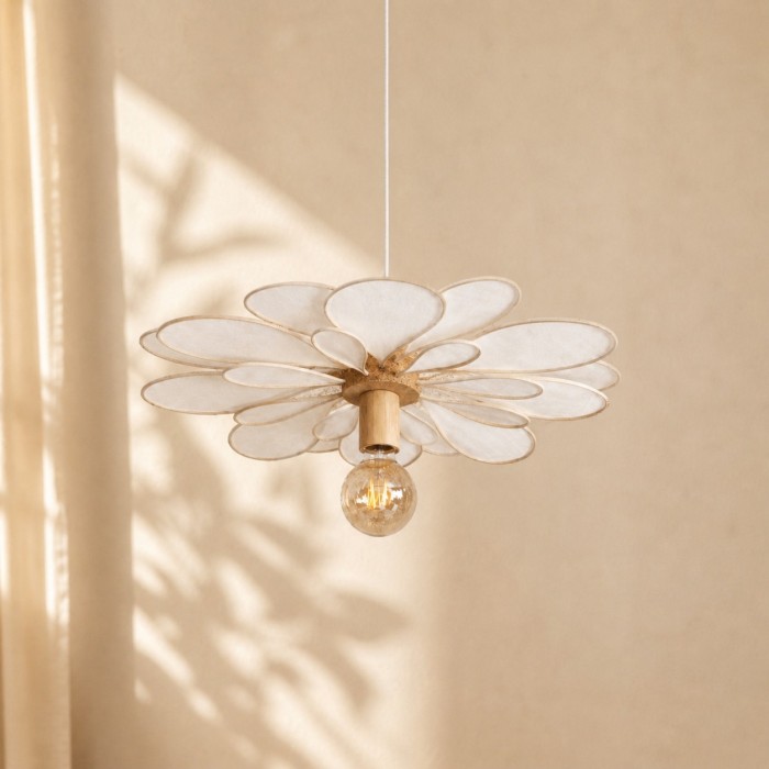 Suspension lustre fleur Marguerite, 24 pétales en rotin et lin blanc, La Petite