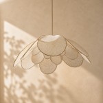 Suspension lustre fleur, Marguerite, 24 pétales en rotin et lin blanc
