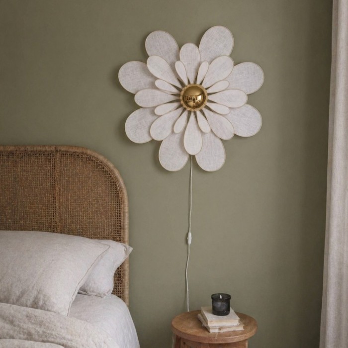 Applique murale fleur, modèle Marguerite, La Classique, 24 pétales en rotin et lin blanc